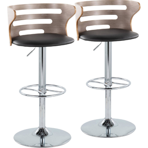 Cosi Adjustable Swivel Bar Stool in Chrome, Light Grey Wood & Black Leatherette (Set of 2)